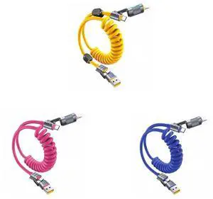 Vexipia 4-in-1 Coiled 5FT 240W USB C Cable (Blue & Pink) with Coiled 5FT 240W USB C Cable with Magnetic Organizer (Yellow) Bundle