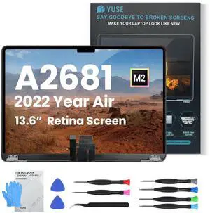 YUSE A2681 Screen Replacement for MacBook Air 2022 13.6" inches M2 EMC 4074 2560x1664 Full LCD Display Complete Assembly with Fix Kits (Midnight)