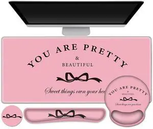 Gaming Mouse Pad, Large Desk Mat, Cute Desk Pad Protector, 4in1 XXL Mousepad + Keyboard Wrist Rest+Mouse Wrist Rest+Coaster Set with Ergonomic Desk Pad for Home Office Table Computer, Pink Pretty Bow