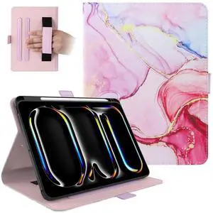 Dteck for iPad Pro 13-Inch (M4) Case 2024 (A2925/A2926/A3007), PU Leather Folio Case with Stand & Auto Sleep Wake Function, Built-in Pencil Holder & Hand Strap, Protective Slim Cute Cover, Pink Marble