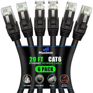 Maximm Cat 6 Ethernet Cable 20 ft (6-Pack) - High-Speed LAN Cable, Internet Cable, Patch Cable, and Network Cable - UTP, 10Gbps, 550MHz Ethernet Cord - Black