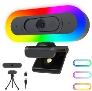 ToLuLu Streaming Webcam 2K 50FPS Web Cam, LED RGB Webcam with Microphone and Light, Autofocus Computer Camera with Cover and Tripod, Plug-Play USB Web cam for PC Desktop/MacBook Gaming Video Calling