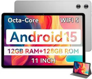SVITOO Android Tablet, 11 inch Android 15 Tablet 2025, Octa-Core, 12GB RAM 128GB Storage 1TB Expandable, 13MP Dual Cameras 5MP Front, 8000mAh, GPS, Dual Speakers, Face Unlock, WiFi 5 BT5.0 - Gray