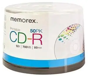 Memorex CD-R White Inkjet Printable Discs with 52x Recording Speed and 80 mins of Storage (50-Pack Cake Box)
