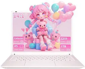 KurieTim 14.1'' Pink Laptop with 2K Display, Fingerprint Reader, Backlit Keyboard, Type-C, Intel Celeron N5105 Processor, Up to 2.9GHz, 32GB DDR4 RAM 1TB NVMe SSD Student and Business Laptops, Pink