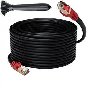 Cat 6E Cat 7 Outdoor Ethernet Cable 200 FT,Adoreen 10Gbps Heavy-Duty Shielded Internet Cable From 25-300FT,POE,SFTP,Waterproof Direct Burial&Indoor,Cat6A Cat7 Copper Network Cable RJ45 Patch Cord+Ties