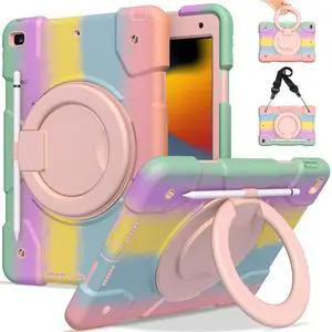 Andnary Case for iPad 10.2 inch 9th/8th/7th Generation, Heavy Duty Shockproof Cover with 360deg Rotating Handle/Bracket/Pen Holder/Shoulder Strap, Kid Case for iPad 2021/2020/2019,Colorful Pink