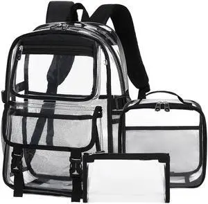 AO ALI VICTORY Large Clear Backpack for Women Men Girls School College Bookbag with Lunch Box Pencil Bag PVC Transparent Backpacks See Through Daypack for Sport Events Stadiums,Work,Travel,Black Set