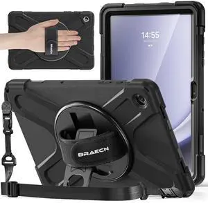 BRAECNstock for Samsung Galaxy Tab A9+ Plus Case 11 inch (SM-X210/X216/X218) Shockproof Protective Tab A9+ Plus Kids Case with Screen Protector Pen Holder Rotating Hand Strap+Stand, Black