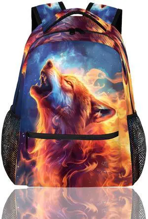 cfpolar Wolf Backpack for School, Burning Flame Wolf Galaxy Space Laptop Backpack Water Resistant Bookbag Computer Bag Travel Hiking Camping Rucksack Daypack Shoulder Bag for Teenager Boys Girls Kids