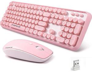 Wireless Keyboard and Mouse Combo - Cute Round Keycaps, Full-Size Retro Typewriter Keyboard with 2.4GHz Plug & Play, for Windows 11/10/7, Laptop, PC, Notebook, Smart TV (Pink)