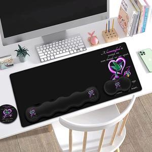 Gaming Mouse Pad Set, Large Mouse Pad and Memory Foam Keyboard Wrist Support, Extended Office Desk Mat Ergonomic Wrist Rest Easy Typing Pain Relief Writing Mat Cute Hummingbird Black Mouse Pad