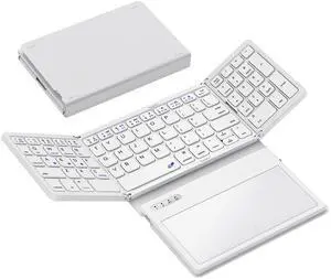 GEODMAER Foldable Bluetooth Keyboard, Portable Full Size Folding Keyboard with Large Touchpad, Numeric Keypad, PU Leather, Wireless Travel Keyboard for Windows Android Mac(White)
