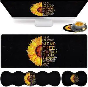 Large Gaming Mouse Pad, Keyboard Wrist Rest pad + Mouse Wrist pad + Coaster Set Extended Waterproof Non-Slip Table mat Suitable for Home Office Learning Games - Watercolor Sunflower