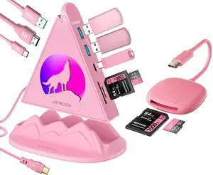 Pink 8-in-1 USB-C Hub with Stand & 8cm 2-in-1 SD Card Reader Bundle - 100W PD, 4K HDMI, USB-A, SD/TF Slots for MacBook, iPad Pro, Galaxy S24 & More
