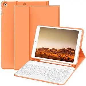 KVTVOU Keyboard for iPad 9th/8th/7th Generation (2021/2020/2019), Folio Detachable Wireless Bluetooth Keyboard, Flip Stand Case with Pencil Holder & Auto Wake/Sleep for iPad 10.2 Inch, Orange