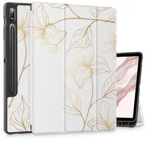 Mektron Case for Samsung Tab S9 /S9 FE Plus 12.4 Inch 2023 Model X810/X816B/X818U, Built-on Pencil Holder Hard Cover with Auto Wake/Sleep, Multi-Angle Stand for Galaxy S9 Plus, Gold Flower S718