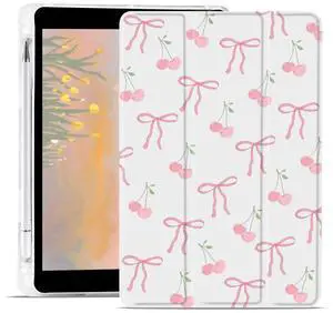 JOYLAND Cute Cherry Bowknot Case for iPad Pro 13 Inch M4(2024) 7th Genaration with Pencil Holder, Auto Wake/Sleep Lovely Fruit Shockproof Case, Trifold Stand White Girly Cover for Girls Kids