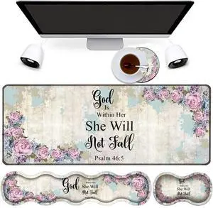 4 in 1 Mouse Pad Combo, Large Gaming Mouse Pad + Keyboard Wrist Support + Mouse Wrist Rest + Coaster, Table Pad with Stitched Edge Memory Foam Ergonomic Wrist Pad Set, Psalm 46:5 Floral