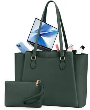 RAINSMORE Laptop Bag for Women 15.6 Inch Work Tote Bags Waterproof Computer Bags Leather Professional Laptop Purse Womens Laptop Briefcase Large Handbag for Office Teacher Travel, Green