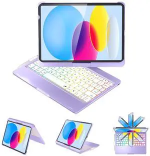 BABG Keyboard Case for iPad 10th Generation&iPad 11th(A16,2025),iPad Air 11/iPad Pro 11 inch Keyboard&iPad Air 5th/Air 4th Keyboard,Non-Trackpad,360°Swivel,7 Use Modes,Backlight-Purple