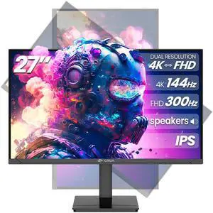 CRUA 27 Gaming Monitor, IPS UHD (3840x2160) Dual Mode (4K 144Hz or FHD 300Hz), 120% sRGB, Support Rotating/Vertical, AMD FreeSync, Built-in Speakers, HDMI 2.1 & DP 1.4, Wall Mount Install-Black