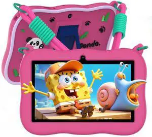 VASOUN 7 inch Kids Tablet with Strap, Android 13 with 32GB Toddler Tablet,WiFi, Dual Camera,Time Limits, Age Filters,Parental Controls,Kids Software Pre-Installed with Silicone Case (Pink)