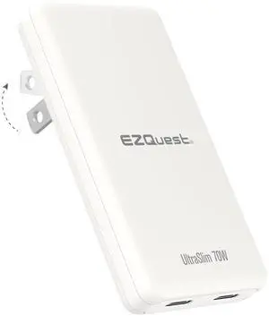 EZQuest UltraSlim 70W GaN II Dual USB-C PD Wall Charger - Compact Foldable US Wall Plug with Universal Compatibility - Intelligent Power Allocation - Fast Charging- Over-Voltage Protection (White)