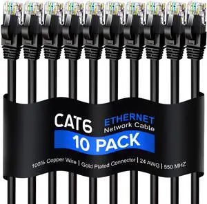 Maximm Cat 6 Ethernet Cable 8 Ft, 100% Pure Copper, Cat6 Cable (10 Pack) LAN Cable, Internet Cable, Patch Cable and Network Cable - UTP (Black) 8 Feet