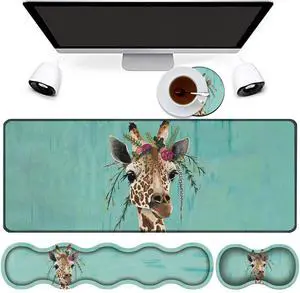 4 in 1 Mouse Pad Combo, Large Gaming Mouse Pad + Keyboard Wrist Support + Mouse Wrist Rest + Coaster, Table Pad with Stitched Edge Memory Foam Ergonomic Wrist Pad Set, Giraffe with Floral Headgear
