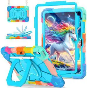 Scnioy Case for iPad (A16) 11th Generation 11 Inch (2025), iPad 10th Generation Case 10.9 Inch (2022), Shockproof Cover with 360° Rotating Stand Screen Protector Pen Holder Shoulder Strap,RainbowBlue