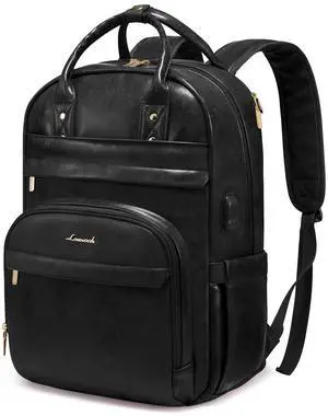 LOVEVOOK Vintage PU Leather 15.6 inch Women's Laptop Backpack, Black, 25L, Water Resistant, USB Charging Port