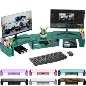 Spacrea Metal Desk Organizers and Accessories, Dual Monitor Stand Riser with Drawer and 2 Pen Holders, Desk Accessories & Workspace Desktop Organizers for Office Supplies (Dark Gree)