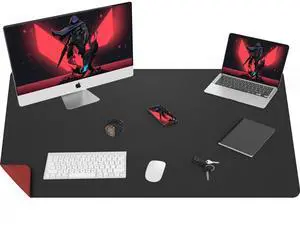 Extra Large Desk Mat 55"x17" - Waterproof PU Leather Desk Protector | Double-Sided Blotter for Laptop, Mouse | Non-Slip & Easy Clean | Home Office (Black with Red)