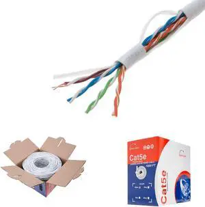 Cables Direct Online 1000ft Plenum White Cat5e Solid 24AWG Cable Cat5 Bulk Pull Box Network CCA (Copper Clad Aluminum) Wire, Pull Box