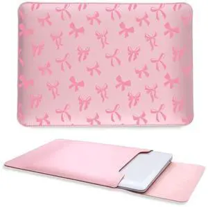 Cute Kawaii Pink Bow Laptop Sleeves 12 Inch, Pink Faux Leather Cover Case for Women Girls, Compatible with MacBook Air 11"/MacBook 12"