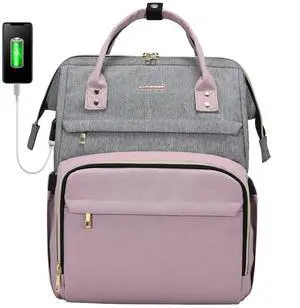 LOVEVOOK Laptop Backpack for Women Fashion Business Computer Backpacks Travel Bags Purse Doctor Nurse Work Backpack with USB Port, Fits 15.6-Inch Laptop Grey-Light Purple