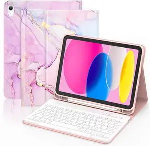 ZXA for iPad 11th 10th Generation Case with Keyboard - Wireless Detachable Folio Keyboard Cover with Built-in Pencil Holder for iPad A16 11 Inch 2025 / 10th Gen 10.9 Inch 2022, Marble Pink