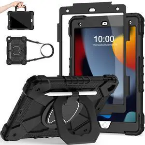 Scnioy Case for iPad 9th Generation iPad Case 9th 8th 7th Generation iPad 10.2 Inch iPad 9th Gen Cover with Screen Protector Pen Holder TabletCases for Kids 360° Rotating Stand, Black Black