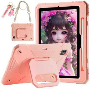 Case for iPad Pro 11 inch M4 2024 (5th Generation), Shockproof Protective Case with Pencil Slot/360 Rotating Grip Magic Stand,Keychain/Carrying Shoulder Strap for iPad Pro 11 2024 (Pink)