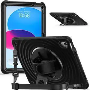 for iPad 10th Generation Case 10.9 Inch (2022), Heavy Duty Shockproof Cover with 360° Rotating Hand Strap, Shoulder Strap, Stand, Pencil Holder, Full Body Protection, Quick-Release Button, Black