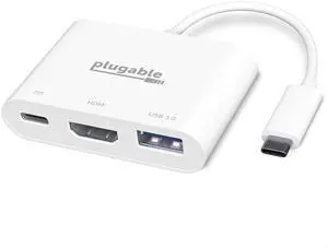 Plugable USB C to HDMI Multiport Adapter, Driverless 3-in-1 Hub with 4K HDMI Output, USB 3.0 and USB-C Charging Port, Compatible with MacBook, Chromebook, Dell XPS, Thunderbolt 3 and More