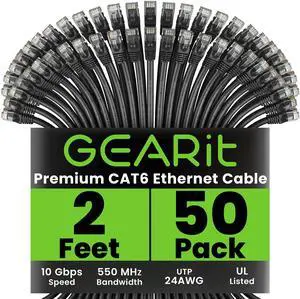 GEARit Cat 6 Ethernet Cable (50-Pack 2 Feet) Cat6 Network Patch, 10Gbps, RJ45, Snagless Cord, Gold-Plated Connectors, Internet for PC, TV, Tablet, Router, Printer, Servers, IT Data Center - Black GEARit Cat 6 Ethernet Cable (50-Pack 2 Feet) Cat6 Network Patch, 10Gbps, RJ45, Snagless Cord, Gold-Plated Connectors, Internet for PC, TV, Tablet, Router, Printer, Servers, IT Data Center - Black