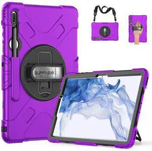 SUPFIVES Case for Samsung Galaxy Tab S8 Plus 2022: Three Layer Heavy Duty Silicone Protective Cover with Stand - S Pen Holder - Handle for Galaxy Tablet S8+/S7+/S7 FE 12.4" - Purple