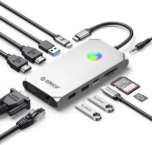 Docking Station USB C to Dual HDMI Adapter, ORICO 12 in 1 RGB USB C Hub with Dual HDMI, VGA, 100W PD, Ethernet, 4 USB Ports, SD/TF, Audio, 14 RGB Lighting Modes, Compatible for Windows/Mac OSSilver