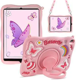 XNMOA for iPad 9th Generation Case Kids Butterfly Pink iPad 10.2 Case with Screen Protector Kickstand Shoulder Strap Tablet Cover for iPad 9th 8th 7th Gen 2021 2020 2019 Girls