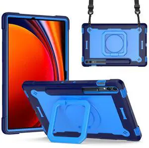 Dteck Case for Galaxy Tab S10+/S9 FE+/S9 Plus 2023, Navy Blue + Blue, 360 Rotating Kickstand, Pen Holder, Shoulder Strap, Heavy Duty Protection