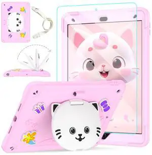 TOMORRY for iPad 9th/8th/7th Generation Case 10.2" with Screen Protector,Cute Cat Stand,Penci Holder Shoulder Strap,Shockproof Protective Case for iPad 10.2 inch 2021/2020/2019 Kids Girls (Pink)