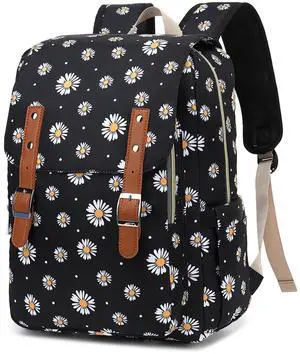 Kouxunt Daisy Laptop Backpack for Women Girls, 15.6 inch College School Backpacks Travel Casual Daypack (Black)