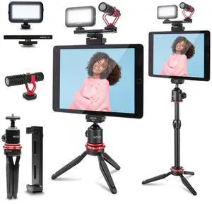 Movo Tablet Vlogging Kit for iPad - iPad Vlogging Kit with Tablet Holder, Compact Tripod, Microphone, LED Light, Cold Shoe Extension - YouTube Starter Kit with iPad Tripod Mount for Video Recording